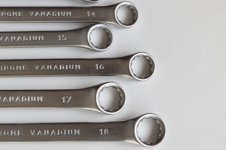 set of chrome vanadium steel wrenches spanners of many different sizesの写真素材