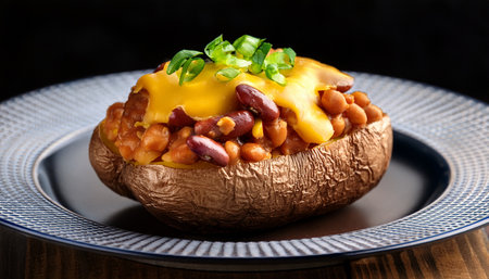 jacket potato with cheddar cheese and baked beans AI generated imageの素材