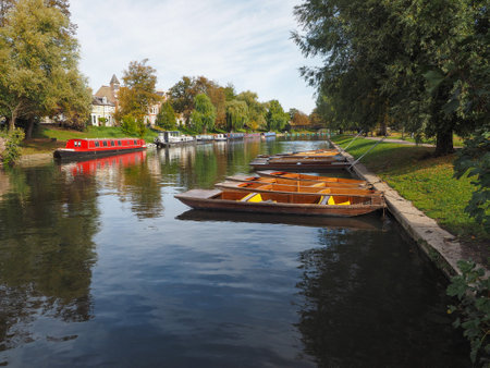 Punting boats in River Cam in Cambridge, UKの写真素材
