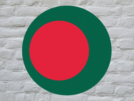 round Bangladeshi national flag of Bangladesh, Asia over white bricks wall