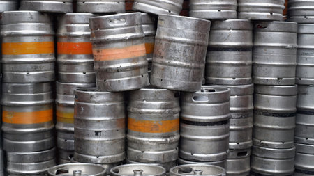Range of stacked beer casks kegs useful as a backgroundの写真素材