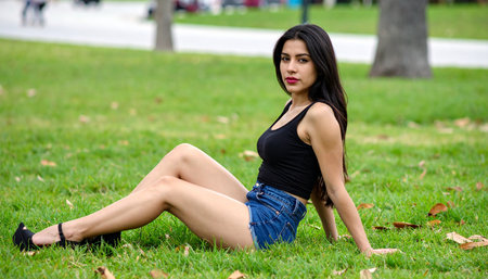 pretty young woman sitting on the grass, AI generated imageの素材