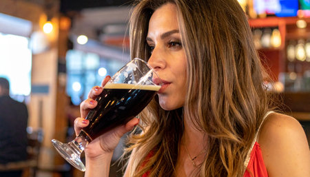 pretty young woman drinking beer at the pub, AI generated imageの素材