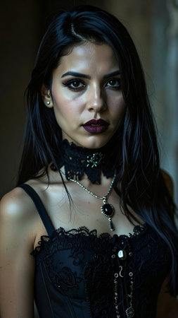 pretty young goth woman black lace dress, AI generated imageの素材