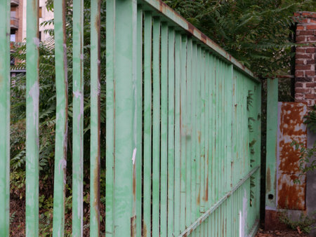 old industrial green weathered iron gate with greenery