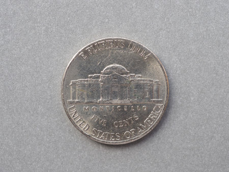 five cent coin aka nickel, reverse showing Monticello, currency of the United States