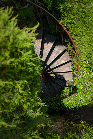Beautiful scene of a curved, spiral iron staircase, reddish brown, slightly rusty, surrounded by green vegetationの写真素材