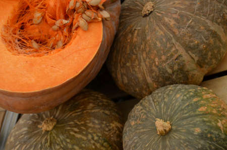  Orange cut pumpkin with seedsの写真素材