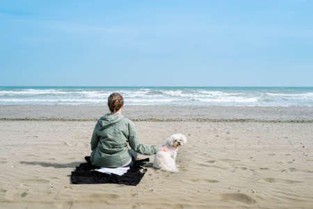 Teen girl with her dog on the beachのeditorial素材