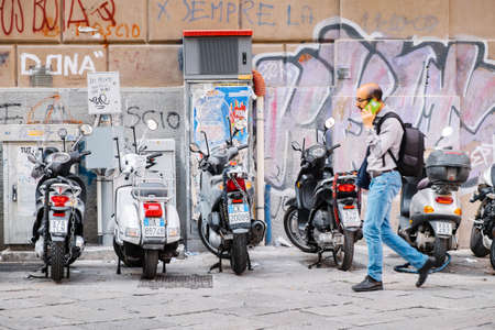 Palermo, Italy - May 11, 2016: motorcycles and scooters parked in the street.のeditorial素材