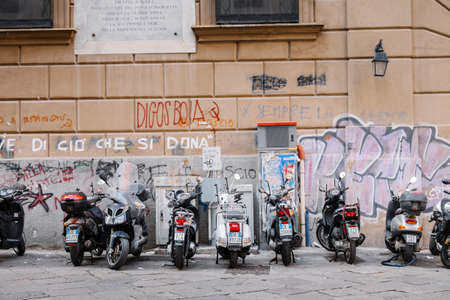 Palermo, Italy - May 11, 2016: motorcycles and scooters parked in the street.のeditorial素材