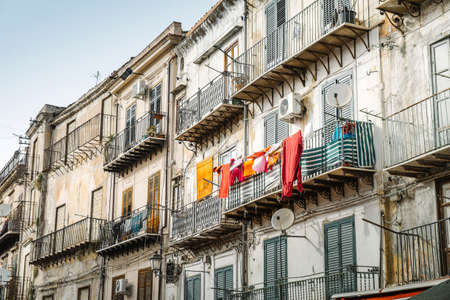 Palermo, Italy - May 11, 2016: Terraces and balconies of old buildings in Albergheria district, Palermo, Italyのeditorial素材