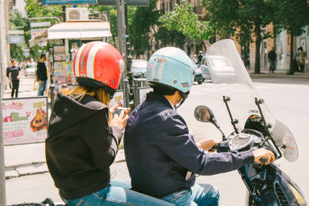 Palermo, Italy - May 12, 2016: couple of young adults on the scooter in the street, Palermo Sicilyのeditorial素材