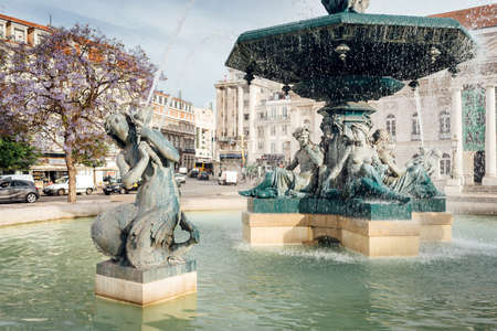 Lisbon, Portugal - May 9, 2017: Fountains in Rossio Squareのeditorial素材