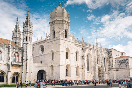 Lisbon, Portugal - May 9, 2017: Tourists waiting in front of the Dos Jeronimos monastery