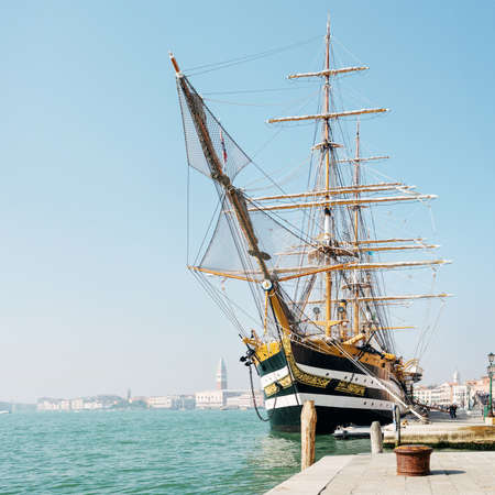 Venice, Italy - October 16, 2017: the "Amerigo Vespucci" ship of the Italian Navy, moored at the dock in Veniceのeditorial素材