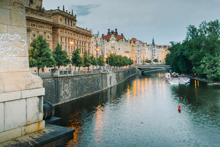 Prague, Czech Republic - May 22, 2018: Prague palaces along the Vltava river at the eveningのeditorial素材