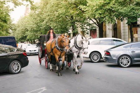 Prague, Czech Republic - 23 May, 2018: tourist carriage pulled by two horses and led by a woman on the streets of Pragueのeditorial素材