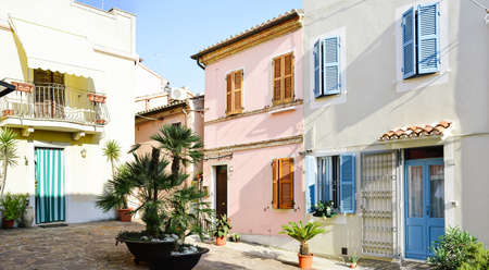 Colored houses of the Adriatic coast in Numana city, Marche, Italy