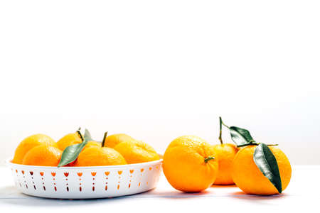 Pile of mandarins in white bowl on white wooden backgroundの写真素材