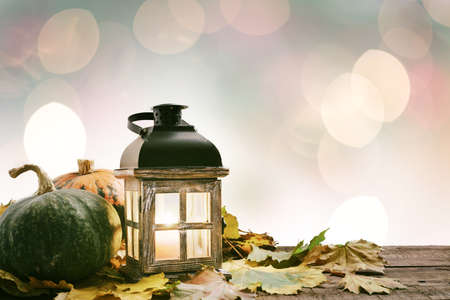 Colorful autumn pumpkins on an old wooden backgroundの写真素材