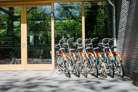 Amsterdam, Netherlands - May 13, 2019: Bicycles parked in front of the hotel in Amsterdamのeditorial素材
