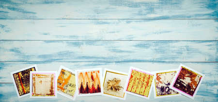 Photographic prints on colored wooden panel