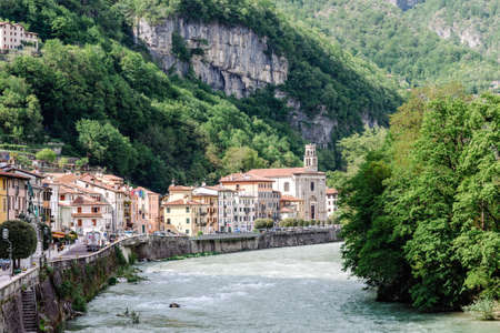 Valbrenta, Italy - May 5, 2021: panorama of the village of Valstagna in the municipality of...