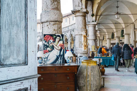 Piazzola sul Brenta Padua, Italy - March 27, 2022 - Panorama of the Piazza Camerini where the antiques market is held on the last Sunday of the monthのeditorial素材