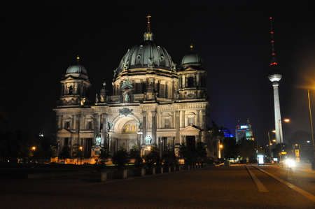 Berliner dom and Television tower at nightの写真素材