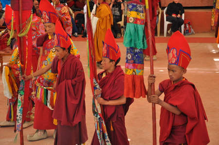 Lamas (monks) perform mystic mask dances in Chemrey Festival at Chemrey Monasteryのeditorial素材