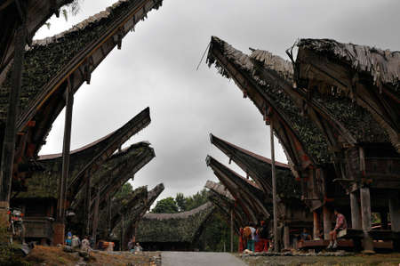 Typical Torajan houses, called Tongkonanの写真素材