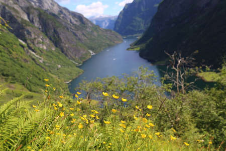 Naeroyfjord idyllic fjord landscape reflection, ship ferry, Norway, scandinaviaの写真素材