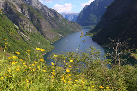Naeroyfjord idyllic fjord landscape reflection, ship ferry, Norway, scandinaviaの写真素材