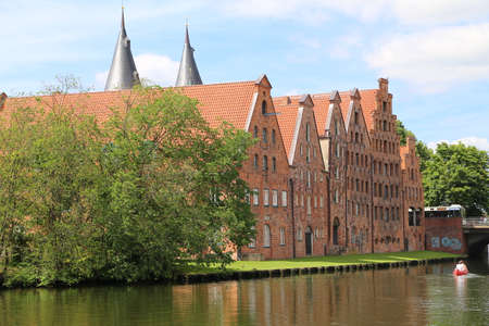 storehouses for salt. Medieval typical crow-stepped gabled town house in Lubeckのeditorial素材