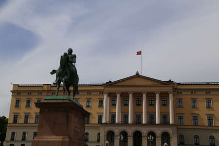 he Royal Palace in Oslo, the capital of Norway. People tourists walking on the palace grounds on a summer dayのeditorial素材
