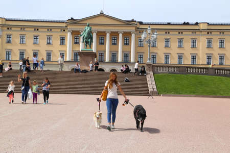 The Royal Palace in Oslo, the capital of Norway. People tourists walking on the palace grounds on a summer dayのeditorial素材