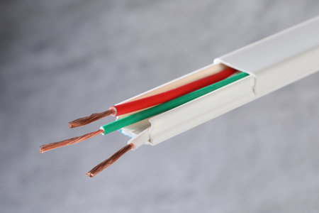 Close up of electric cable on a gray background. Electricity concept.の写真素材