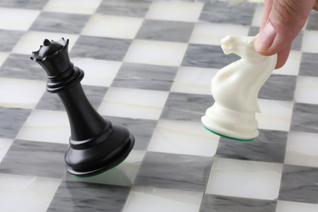 Chess board game with black king and white king on white backgroundの写真素材