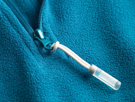 Zipper on blue towel close up.
