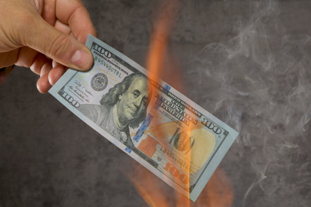 Burning 100 dollar bill in a fire. The concept of financial crisis.