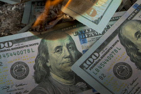 Burning dollar bills on a dark background. The concept of financial crisis