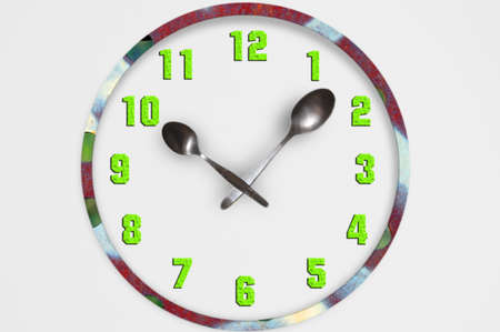 clock with hands shaped spoons on white background
