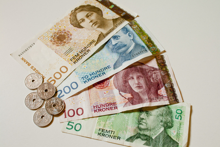 Norwegian crown paper money. Isolated on white background.の写真素材