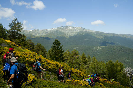 Rascafria, Spain, June 11, 2016: People hiking in a mountain valley in spring. Guadarrama Range National Park. A valley on the north slopes of the Sierra de Guadarrama mountain range.のeditorial素材