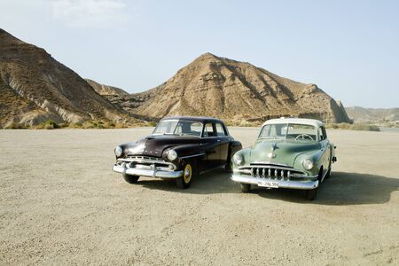 Tabernas, Almeria, Spain, august 14, 2017. Vintage cars in Desert Tabernas.Tabernas desert in AlmeriaIt is a famous place to make movies and TV ads.のeditorial素材