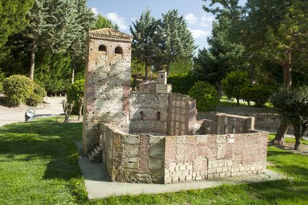 miniature replica of a ruined mudejar church in Olmedo miniature park, Valladolid, spainの写真素材