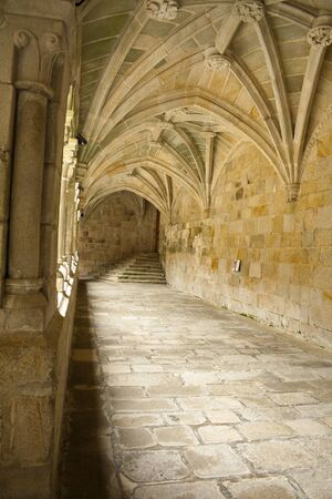 Santo Estevo, Spain - April 17, 2019: Plateresque style cloister belonging to a convent qualified as a national hostel, Santo Estevo in Orense province, Spain.のeditorial素材