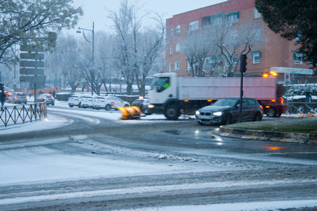 Alcobendas, Spain / January 8, 2021: Historic snowfall in central Spain, seriously affecting Madrid and its surroundings. The lack of means causes chaos and blocks most of the streetsのeditorial素材