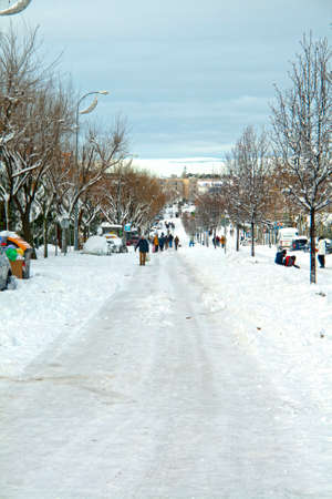 ALCOBENDAS, SPAIN / January 10, 2021: Historic snowfall in central Spain, seriously affecting Madrid and its surroundings. The lack of means causes chaos and blocks most of the streets and infrastructureのeditorial素材